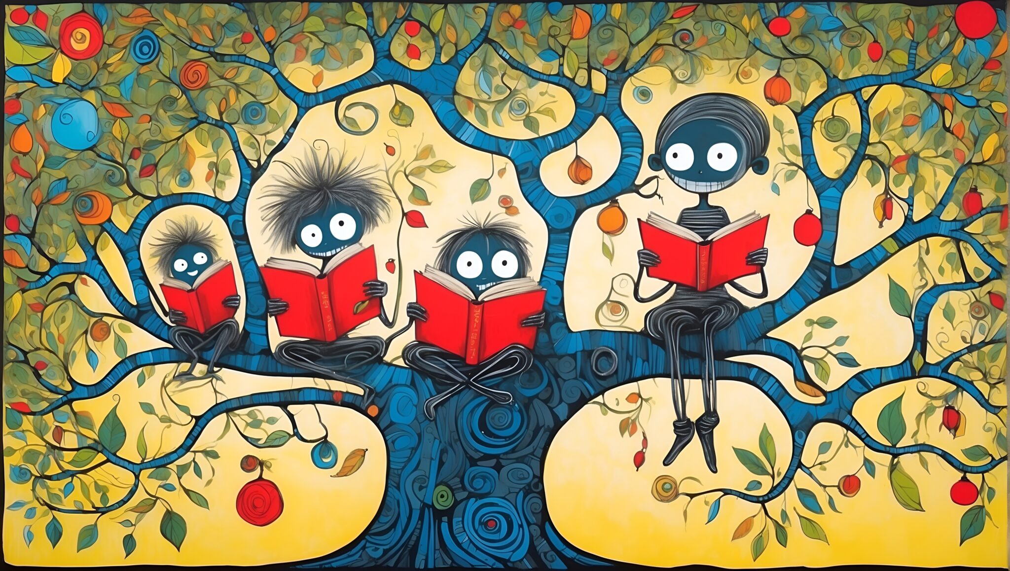 Vier stilisierte Figuren lesen rote Bücher in einem weit verzweigten Baum – ein Sinnbild für Wissen, Lernen und Entwicklung