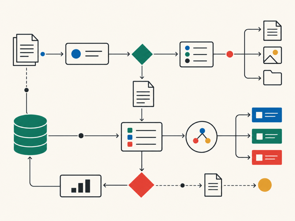 Minimalistische Schaltplan-Zeichnung in den Markenfarben von Tax to Value: verbundene Elemente visualisieren den Fluss von Informationen zwischen Systemen, Strukturen und Prozessen.